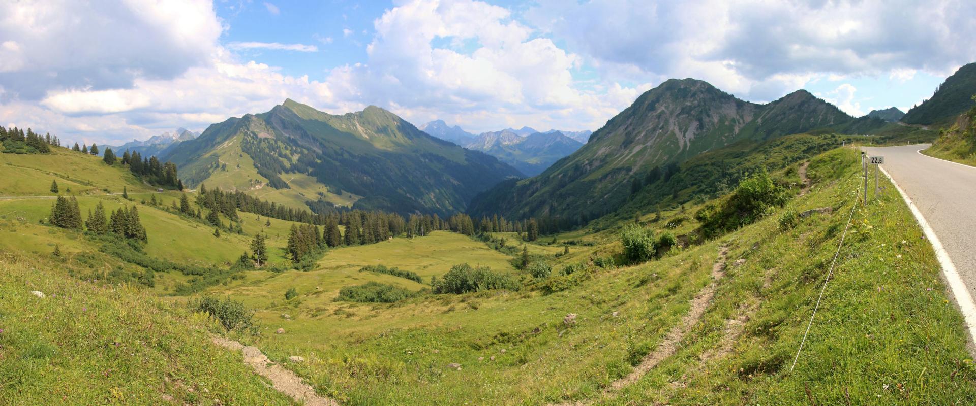 Nordostrampe des Furkajoch, mit Blick auf Wiesen, Wälder und Berge
