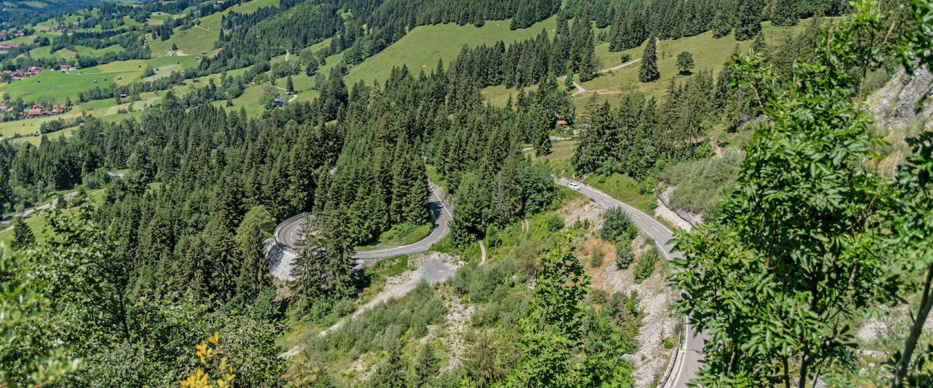 Luftaufnahme des Oberjochpasses, welcher mit Wäldern und Wiesen umgeben ist