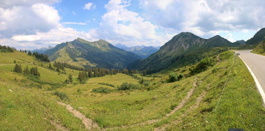 Nordostrampe des Furkajoch, mit Blick auf Wiesen, Wälder und Berge