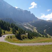 Kurvige Straße durch grüne Landschaft des Sellajoch 